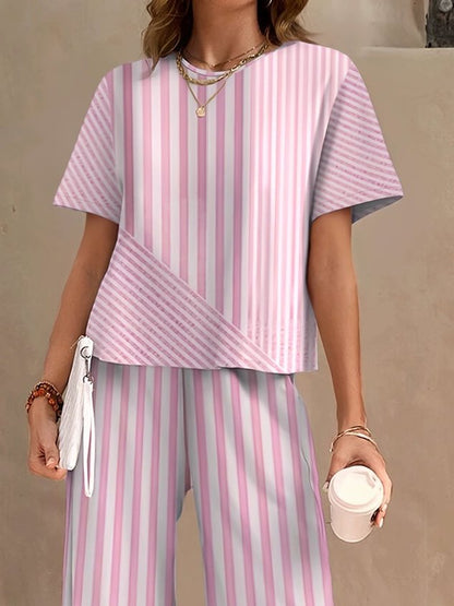 Women Striped Two-Piece Set Daily Short Sleeve Casual Summer Top With Pants Matching Set