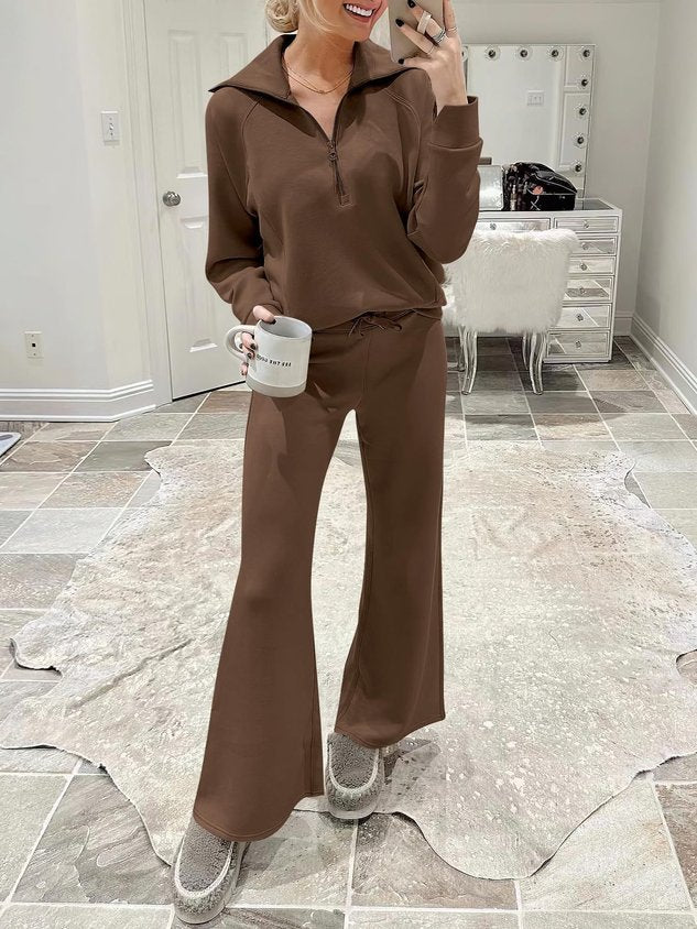 Women Plain Two-Piece Set Daily Long Sleeve Casual Spring/Fall Top With Pants Matching Set