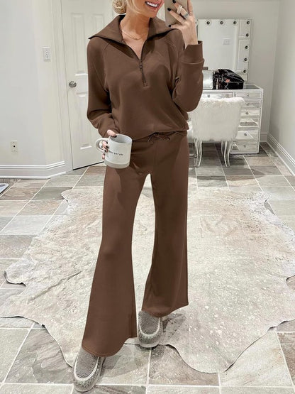 Women Plain Two-Piece Set Daily Long Sleeve Casual Spring/Fall Top With Pants Matching Set