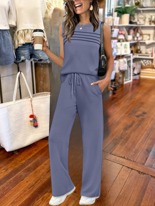 Women Plain Split Joint Two-Piece Set Daily Half Sleeve Casual Summer Top With Pants Matching Set