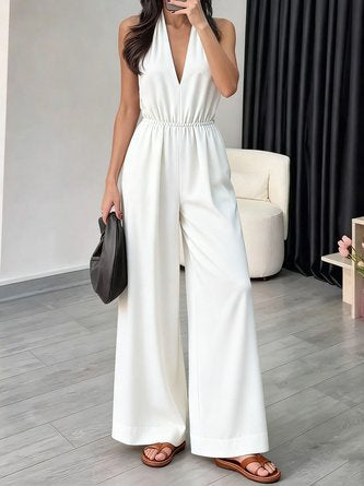 Women Plain V Neck Sleeveless Casual Summer Jumpsuit
