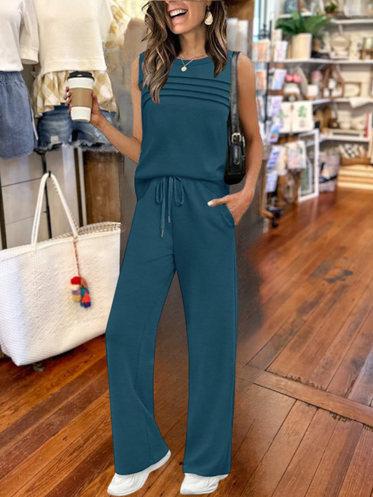 Women Plain Split Joint Two-Piece Set Daily Half Sleeve Casual Summer Top With Pants Matching Set