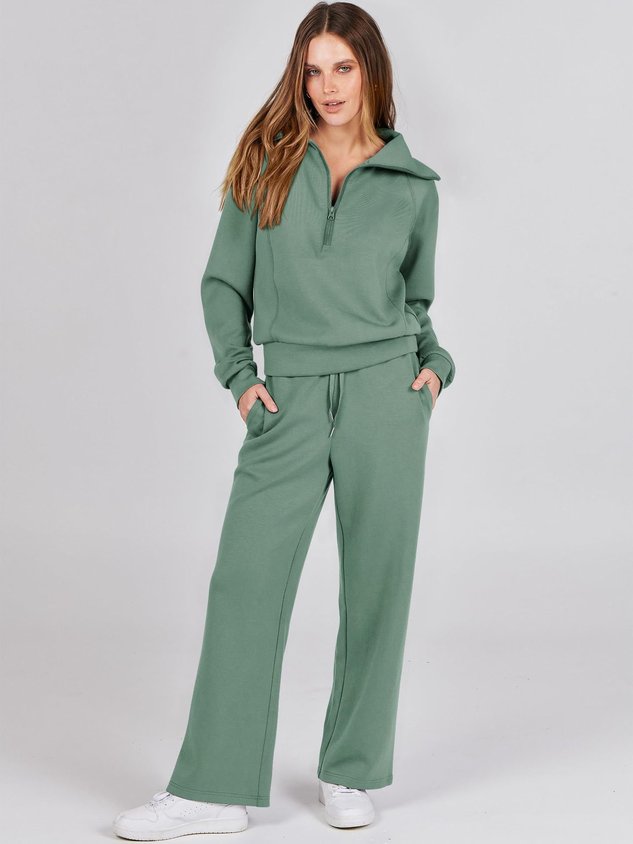 Women Plain Two-Piece Set Daily Long Sleeve Casual Spring/Fall Top With Pants Matching Set