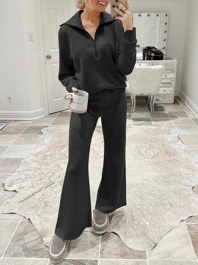 Women Plain Two-Piece Set Daily Long Sleeve Casual Spring/Fall Top With Pants Matching Set