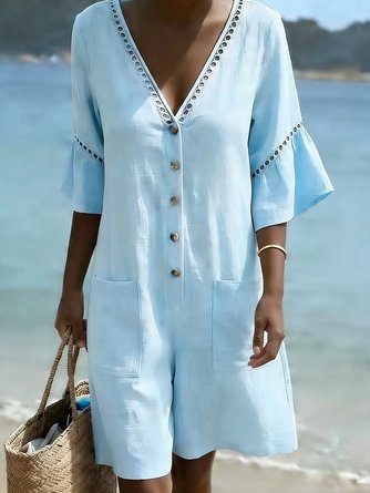 Women Plain V Neck Half Sleeve Vintage Summer Cotton And Linen Jumpsuit