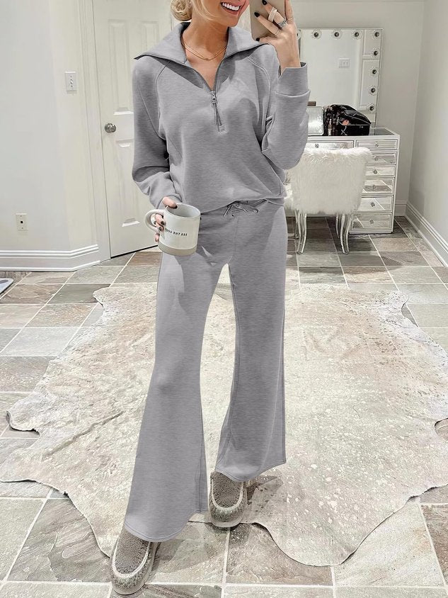 Women Plain Two-Piece Set Daily Long Sleeve Casual Spring/Fall Top With Pants Matching Set