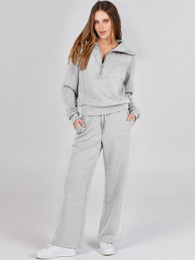 Women Plain Two-Piece Set Daily Long Sleeve Casual Spring/Fall Top With Pants Matching Set