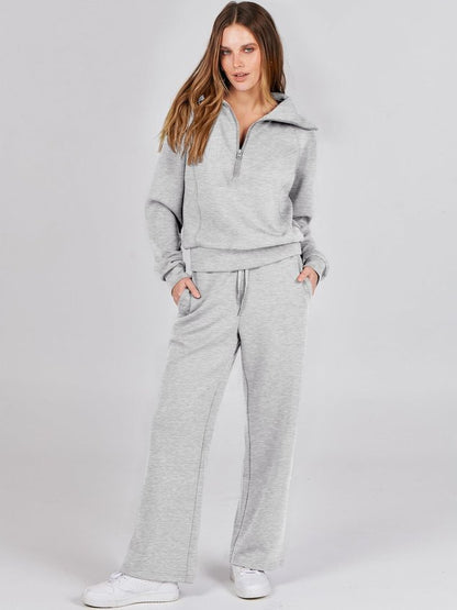Women Plain Two-Piece Set Daily Long Sleeve Casual Spring/Fall Top With Pants Matching Set