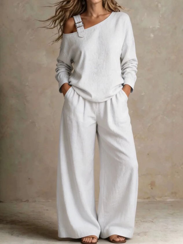 Women Plain Two-Piece Set Daily Long Sleeve Casual Spring/Fall Top With Pants Matching Set