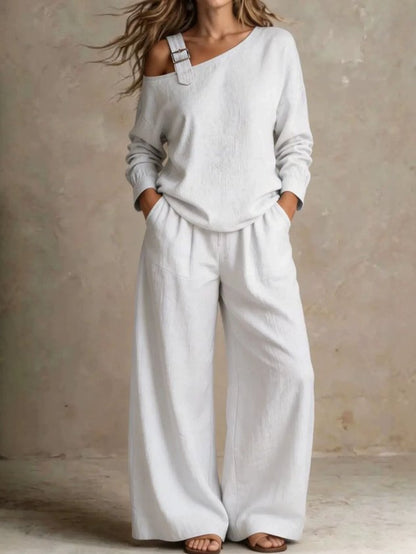 Women Plain Two-Piece Set Daily Long Sleeve Casual Spring/Fall Top With Pants Matching Set