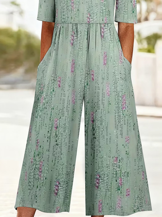 Women Abstract V Neck Half Sleeve Casual Summer Jumpsuit
