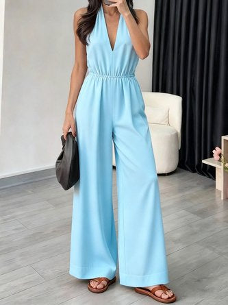 Women Plain V Neck Sleeveless Casual Summer Jumpsuit