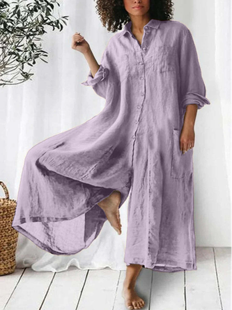 Women Plain Shawl Collar Long Sleeve Casual Spring/Fall Cotton-Blend Jumpsuit