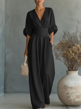 Women Plain V Neck Half Sleeve Casual Summer Cotton-Blend Jumpsuit