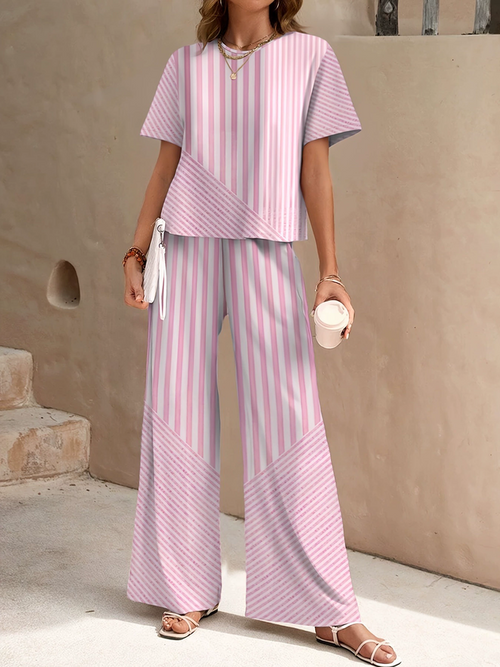 Women Striped Two-Piece Set Daily Short Sleeve Casual Summer Top With Pants Matching Set