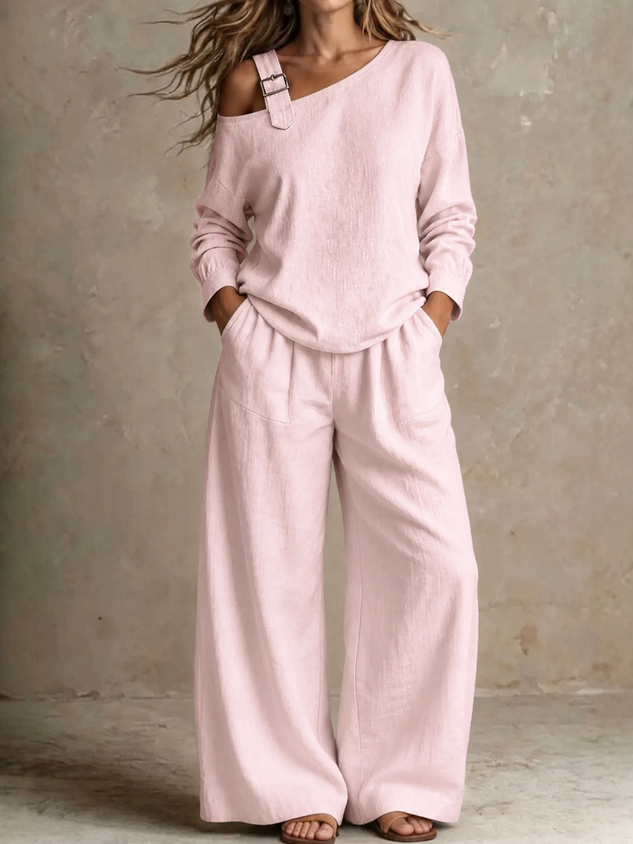 Women Plain Two-Piece Set Daily Long Sleeve Casual Spring/Fall Top With Pants Matching Set