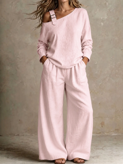 Women Plain Two-Piece Set Daily Long Sleeve Casual Spring/Fall Top With Pants Matching Set