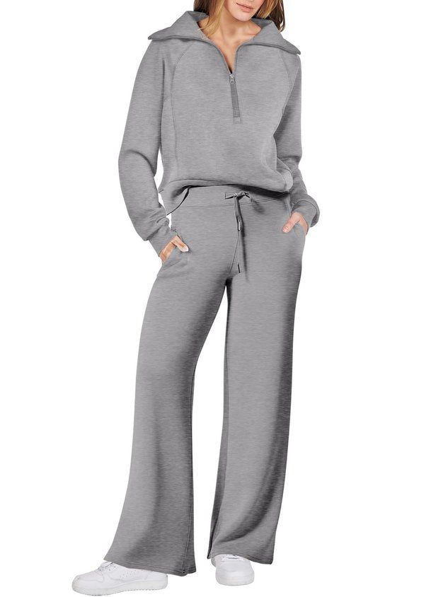Women Plain Two-Piece Set Daily Long Sleeve Casual Spring/Fall Top With Pants Matching Set