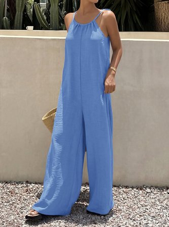 Women Plain Crew Neck Sleeveless Casual Summer Jumpsuit