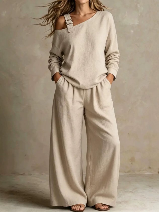 Women Plain Two-Piece Set Daily Long Sleeve Casual Spring/Fall Top With Pants Matching Set