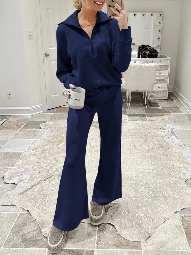 Women Plain Two-Piece Set Daily Long Sleeve Casual Spring/Fall Top With Pants Matching Set