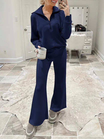 Women Plain Two-Piece Set Daily Long Sleeve Casual Spring/Fall Top With Pants Matching Set