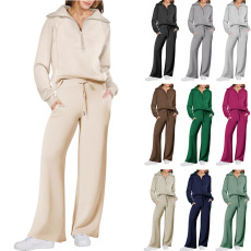 Women Plain Two-Piece Set Daily Long Sleeve Casual Spring/Fall Top With Pants Matching Set