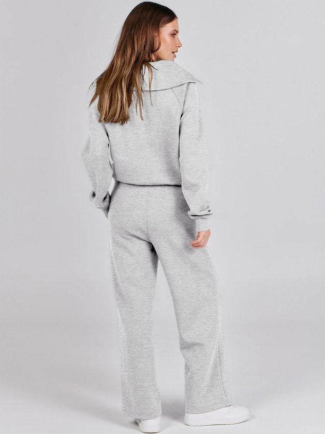 Women Plain Two-Piece Set Daily Long Sleeve Casual Spring/Fall Top With Pants Matching Set