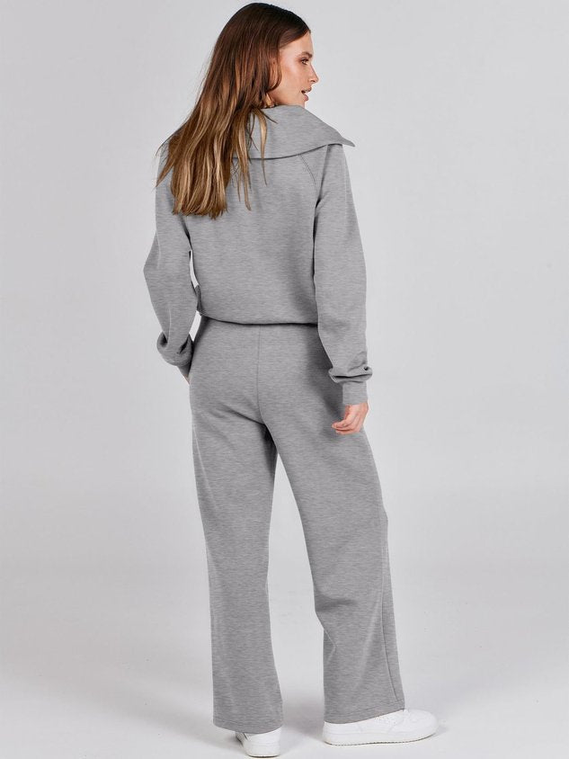 Women Plain Two-Piece Set Daily Long Sleeve Casual Spring/Fall Top With Pants Matching Set