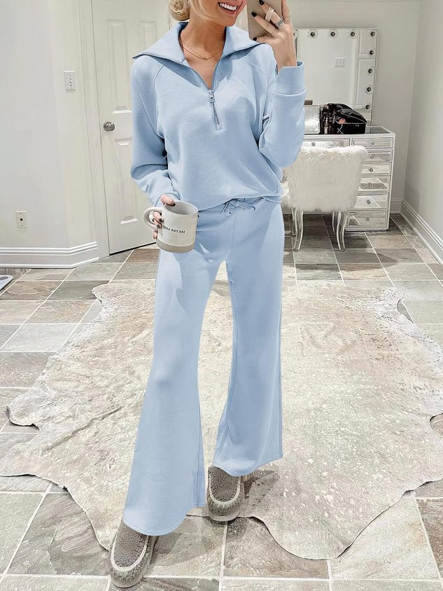 Women Plain Two-Piece Set Daily Long Sleeve Casual Spring/Fall Top With Pants Matching Set