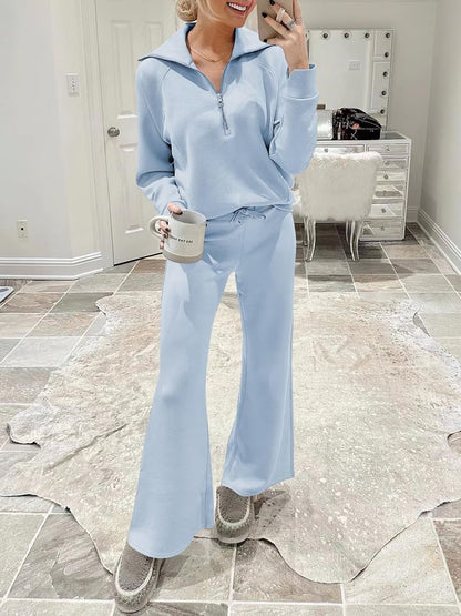 Women Plain Two-Piece Set Daily Long Sleeve Casual Spring/Fall Top With Pants Matching Set