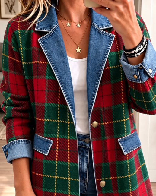 Women Spring/Fall Outerwear Vintage Plaid Long Sleeve Lapel Collar Jacket