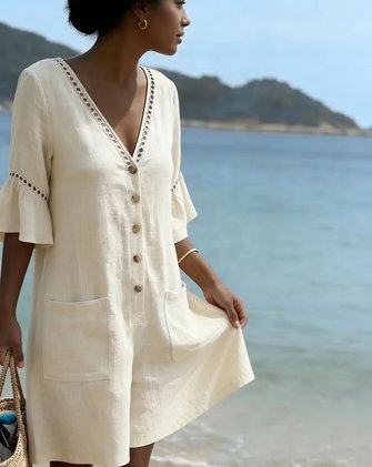 Women Plain V Neck Half Sleeve Vintage Summer Cotton And Linen Jumpsuit