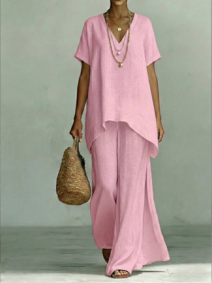 Women Plain Two-Piece Set Daily Short Sleeve Vintage Summer Top With Pants Matching Set