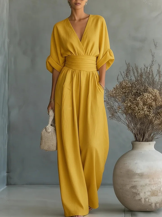 Women Plain V Neck Half Sleeve Casual Summer Cotton-Blend Jumpsuit