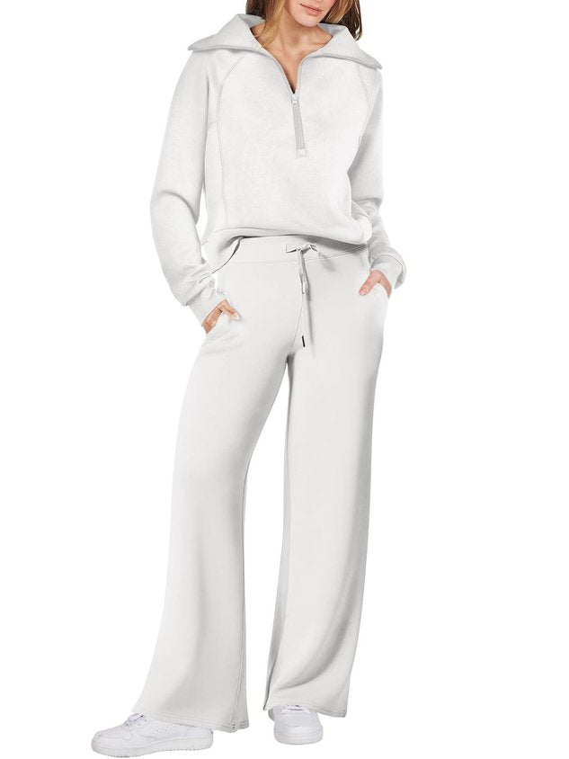 Women Plain Two-Piece Set Daily Long Sleeve Casual Spring/Fall Top With Pants Matching Set