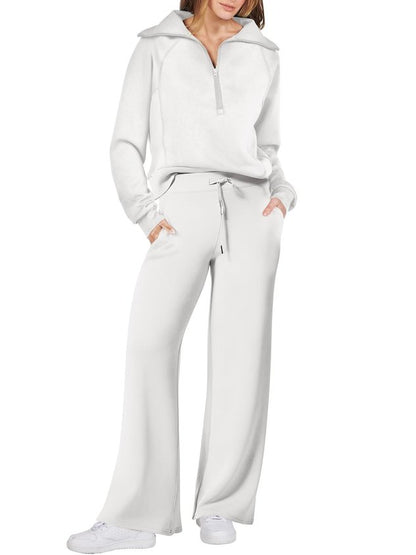 Women Plain Two-Piece Set Daily Long Sleeve Casual Spring/Fall Top With Pants Matching Set