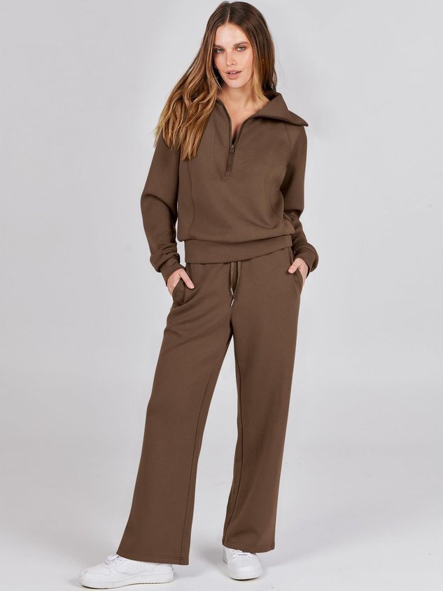 Women Plain Two-Piece Set Daily Long Sleeve Casual Spring/Fall Top With Pants Matching Set