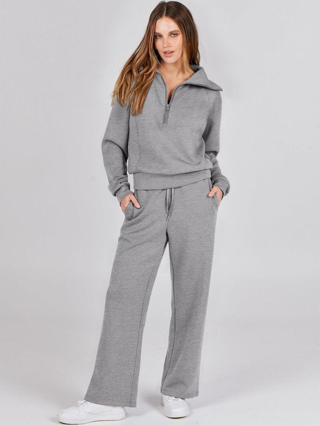 Women Plain Two-Piece Set Daily Long Sleeve Casual Spring/Fall Top With Pants Matching Set