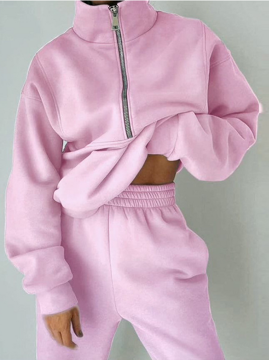 Women Plain Two-Piece Set Daily Long Sleeve Casual Spring/Fall Top With Pants Matching Set