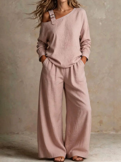 Women Plain Two-Piece Set Daily Long Sleeve Casual Spring/Fall Top With Pants Matching Set
