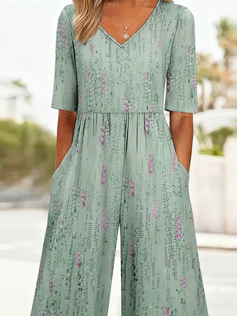 Women Abstract V Neck Half Sleeve Casual Summer Jumpsuit