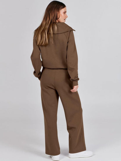Women Plain Two-Piece Set Daily Long Sleeve Casual Spring/Fall Top With Pants Matching Set