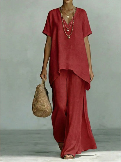 Women Plain Two-Piece Set Daily Short Sleeve Vintage Summer Top With Pants Matching Set