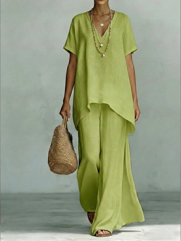 Women Plain Two-Piece Set Daily Short Sleeve Vintage Summer Top With Pants Matching Set