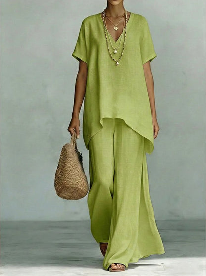 Women Plain Two-Piece Set Daily Short Sleeve Vintage Summer Top With Pants Matching Set