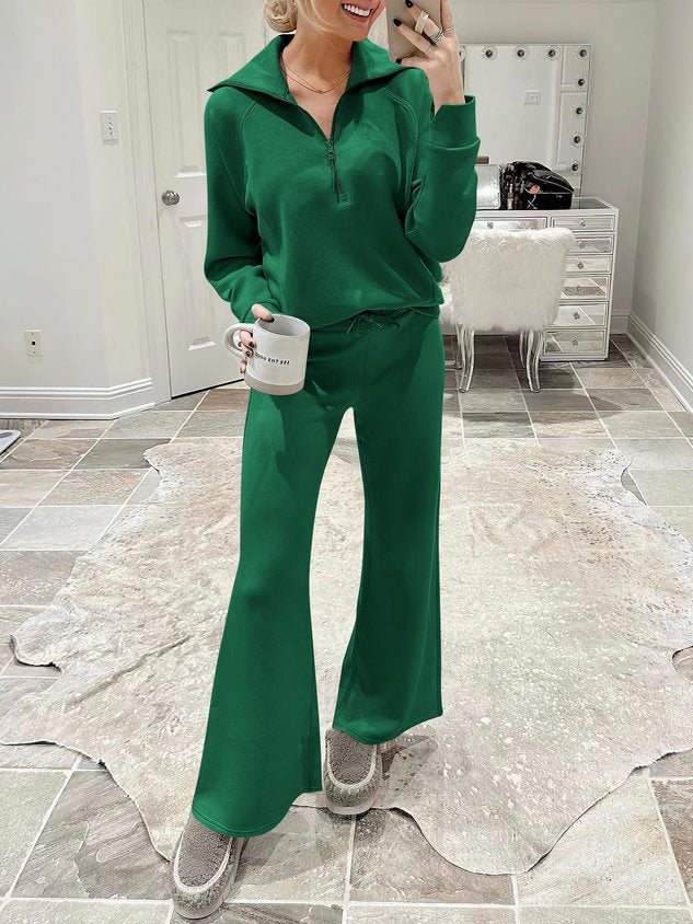 Women Plain Two-Piece Set Daily Long Sleeve Casual Spring/Fall Top With Pants Matching Set