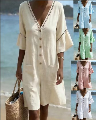Women Plain V Neck Half Sleeve Vintage Summer Cotton And Linen Jumpsuit