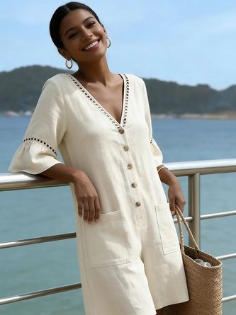 Women Plain V Neck Half Sleeve Vintage Summer Cotton And Linen Jumpsuit
