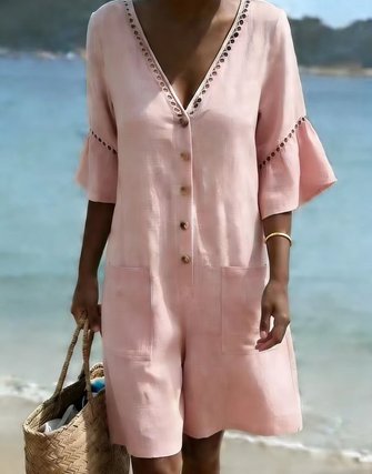 Women Plain V Neck Half Sleeve Vintage Summer Cotton And Linen Jumpsuit
